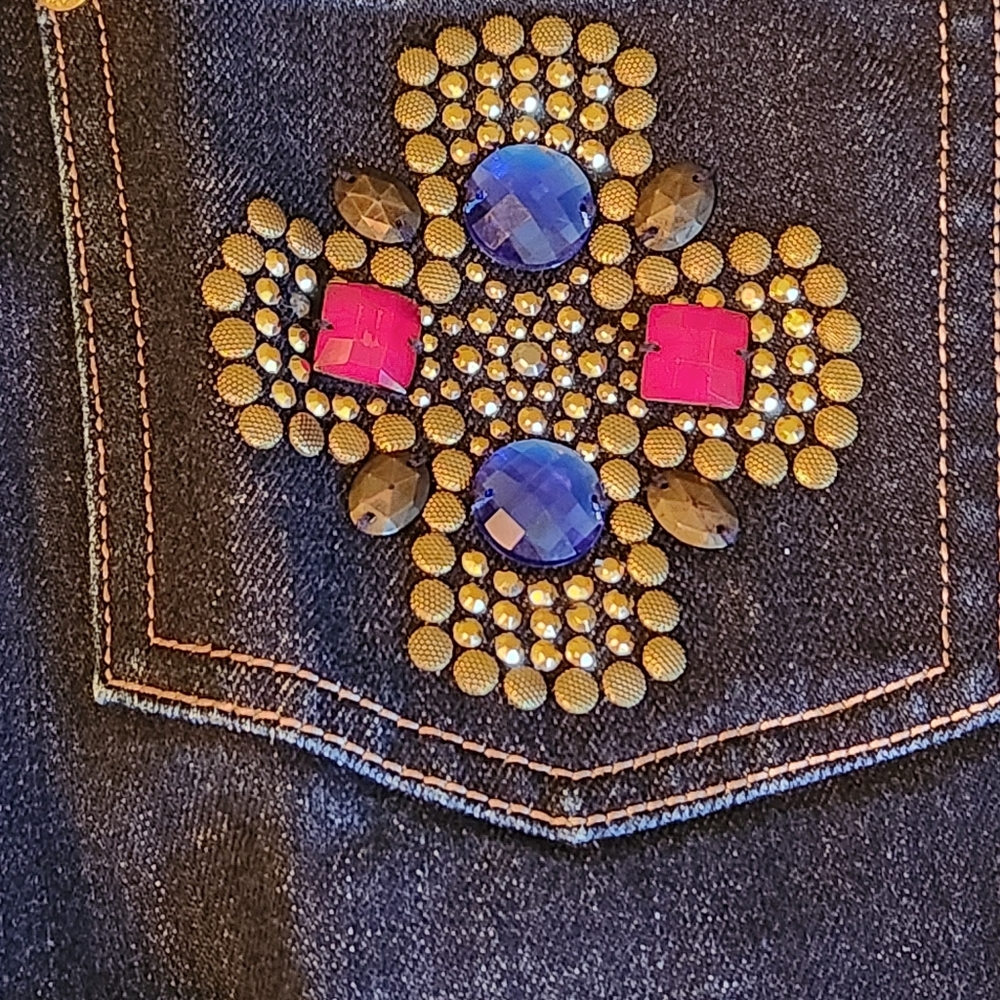 St. John Dark Blue Jeans with Gold and Pink Embellishments